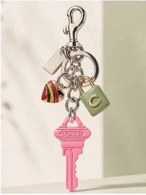Coach Pink Key Charm with Green Padlock and Multicolor Heart